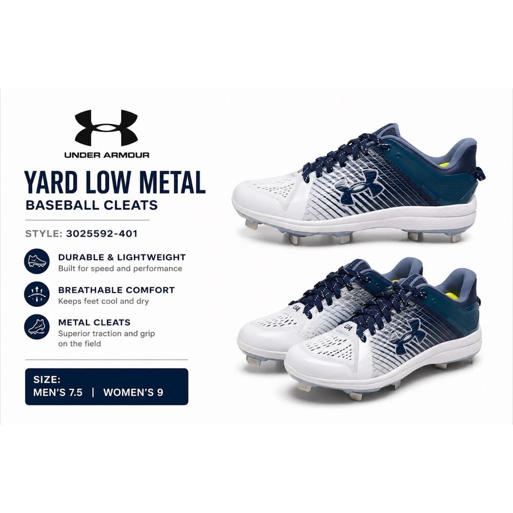 Under Armour Yard Low Metal Baseball Cleats White/Navy Men's 7.5